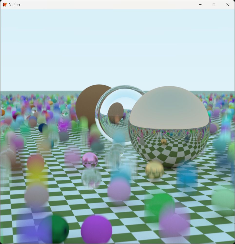 A scene with thousands of spheres with motion blur having diffuse, metallic, dielectric and image texture material.