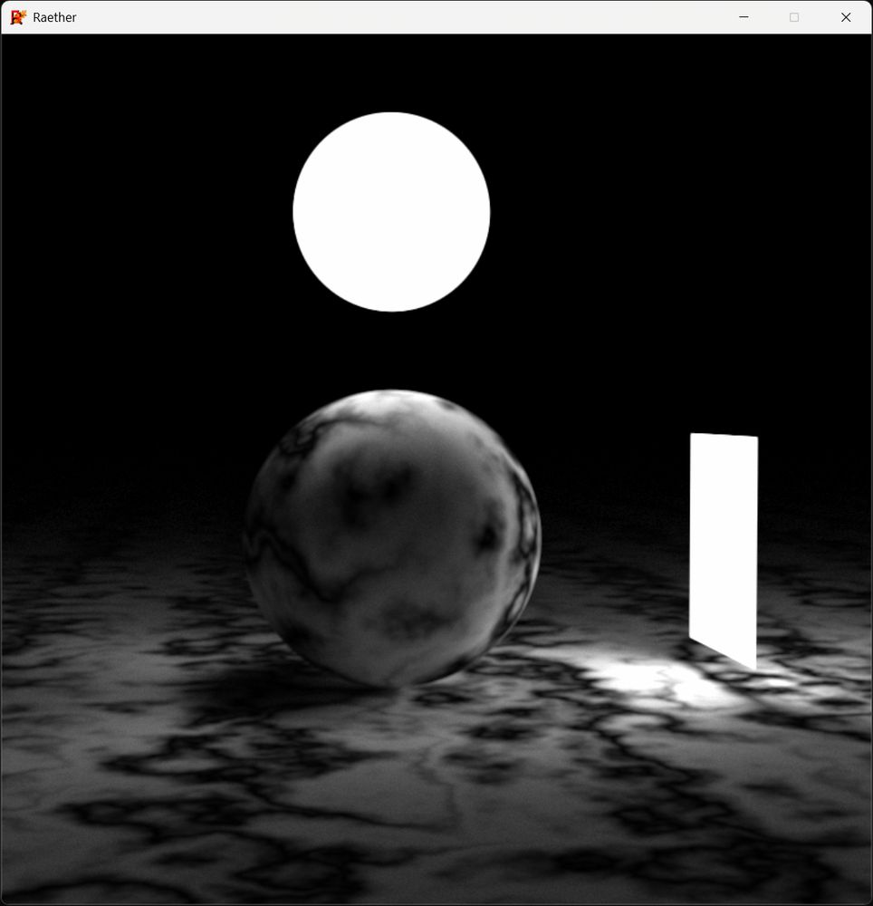 A scene featuring a small sphere resting on top of a larger sphere, both textured with a procedural Perlin noise material, illuminated by a small emissive sphere and an emissive quad.
