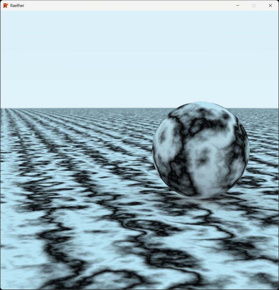 A scene with one small sphere resting on top of another large sphere both textured with procedural perlin noise texture material.