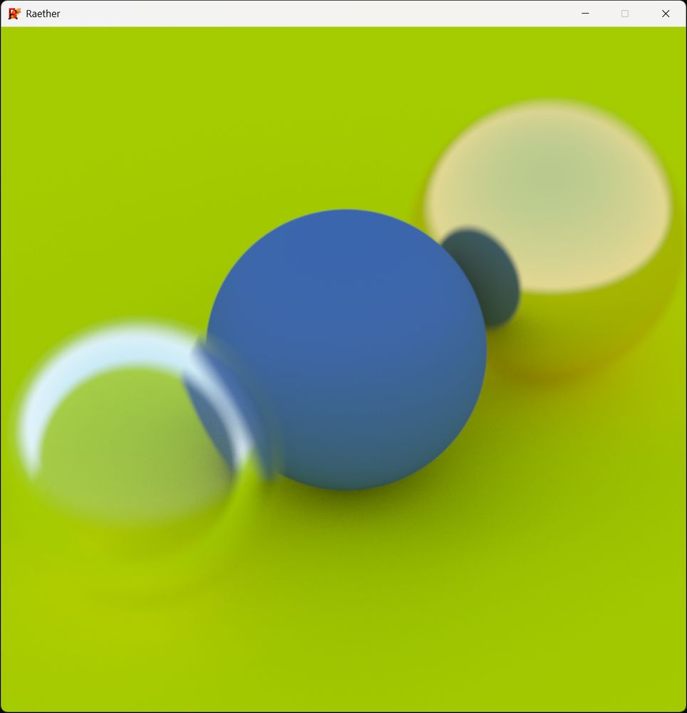A render of a scene with four spheres with metallic, diffuse and dielectric material showcased with defocus blur effect.