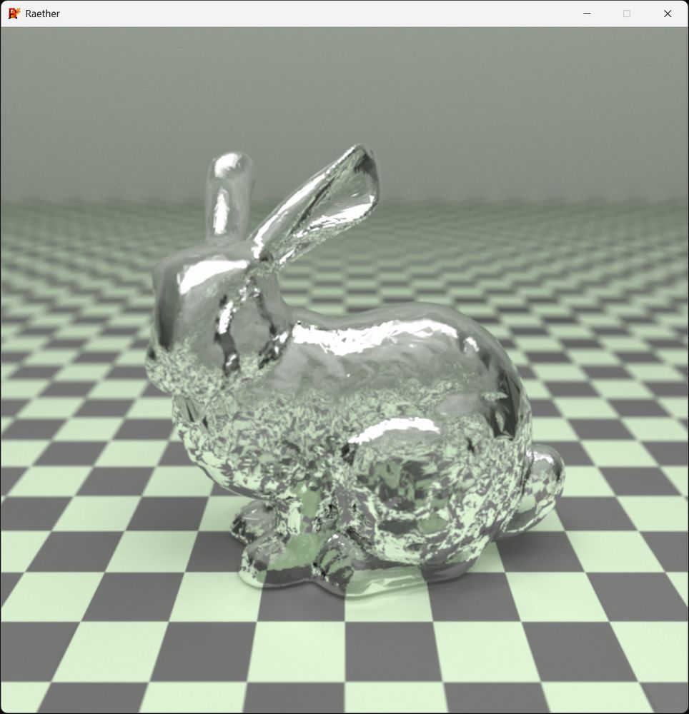 A scene with the Stanford Bunny sitting on top of a checker textured floor with dielectric glass material.