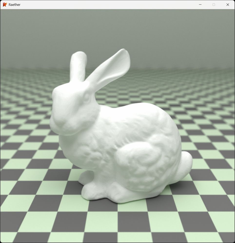 A scene with the Stanford Bunny sitting on top of a checker textured floor with diffuse white material.