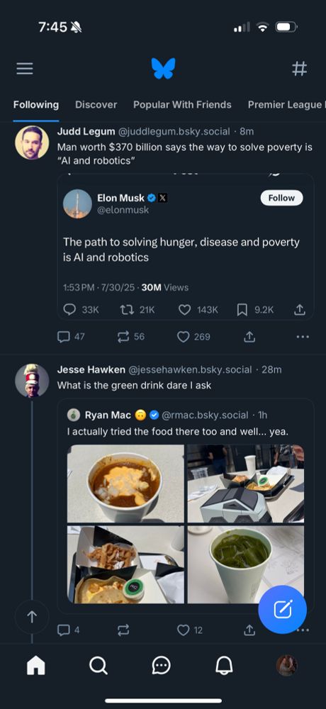 Screenshot of my timeline where the first skeet is someone posting a screenshot of Elon Musk tweeting that the solution to hunger is AI and robotics and the second skeet is some pictures from Elon Musk’s disgusting restaurant that look like they were made at the Glasgow Willy Wonka Experience.