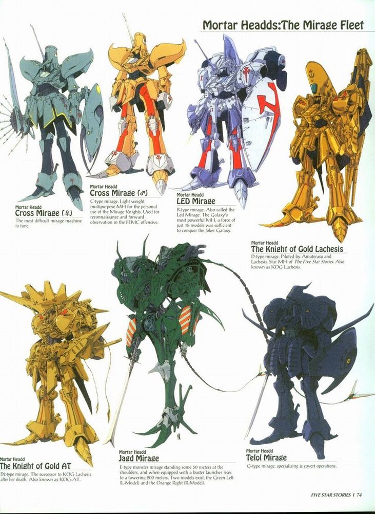 Several mech designs from Mamoru Nagano's Five Star Stories