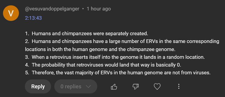 A youtube comment that reads as follows:
1.  Humans and chimpanzees were separately created.

2.  Humans and chimpanzees have a large number of ERVs in the same corresponding locations in both the human genome and the chimpanzee genome.

3.  When a retrovirus inserts itself into the genome it lands in a random location.

4.  The probability that retroviruses would land that way is basically 0.

5.  Therefore, the vast majority of ERVs in the human genome are not from viruses.