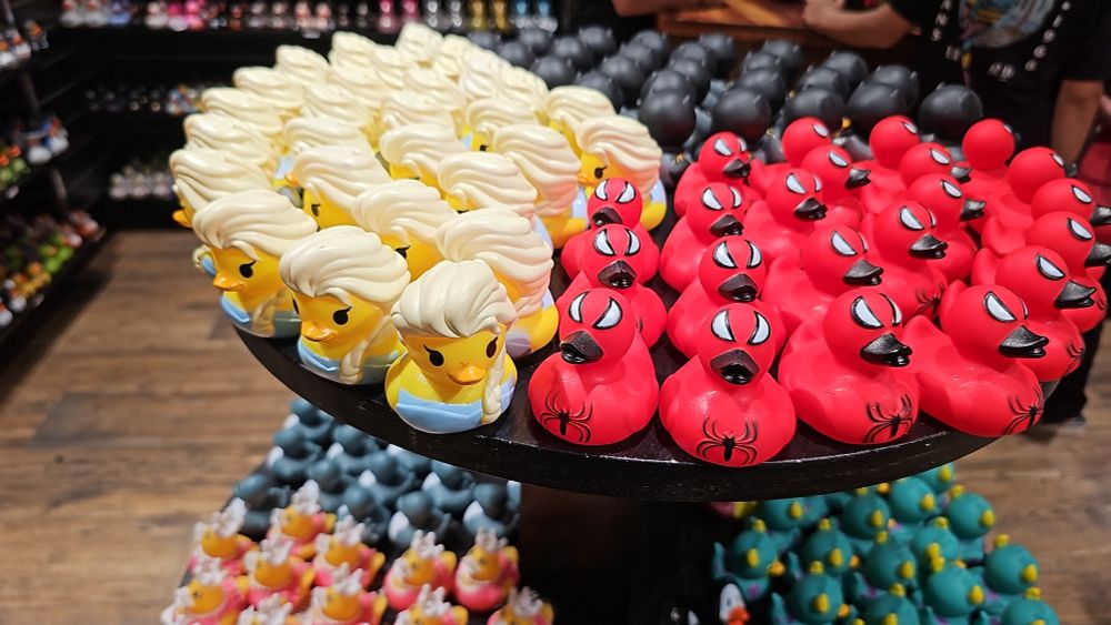 A display of themed rubber ducks.
The Spiderman ducks are right next to the Elsa ducks.