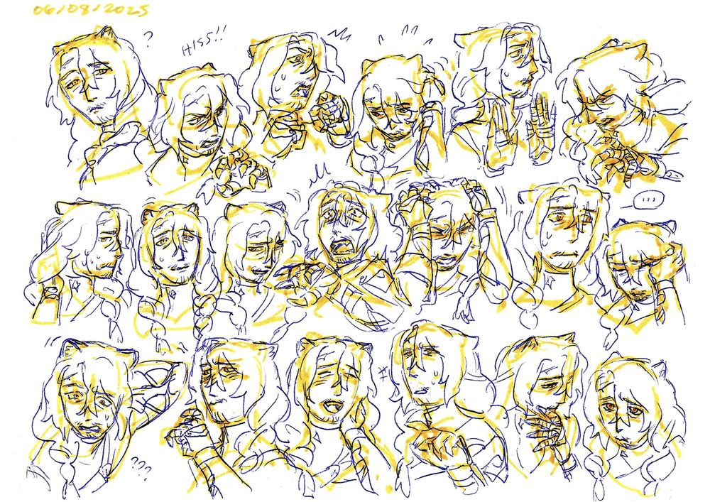 A scan from my sketchbook. A page of expressions with my character Malachi. End ID