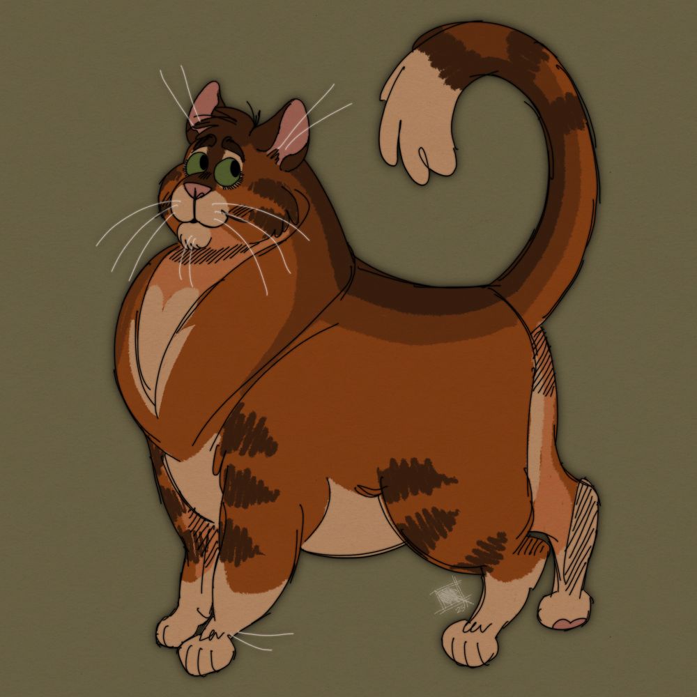 A digital drawing of Firestar from Warrior Cats, depicted as a stylized orange ticked tabby with a fat build and a prominent mane of fur around his neck. He is standing facing left with his tail lifted upwards, tip curled downwards above his back. He is smiling and looking upwards, away from the viewer. 