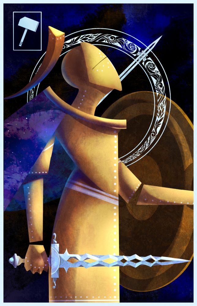 Latona, the brass knight, drawn in the style of the Dragon Age tarot cards. her cape is a nebula of stars and she looks contemplatively to the vast gloom of the sky 
by Neon