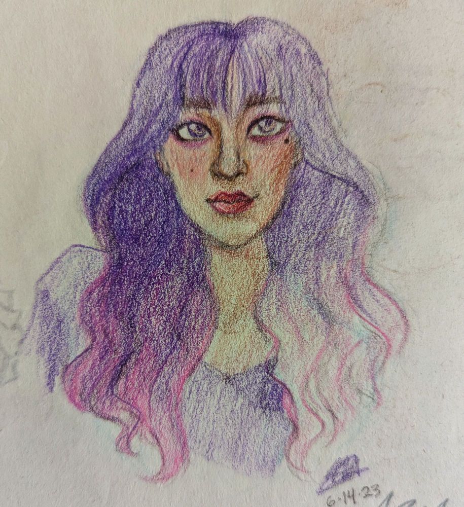 Colored pencil illustration of an East-Asian woman with dyed, wavy hair that goes from purple to pink.