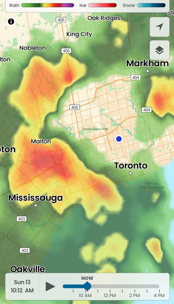 Weather radar showing storms approaching Toronto 