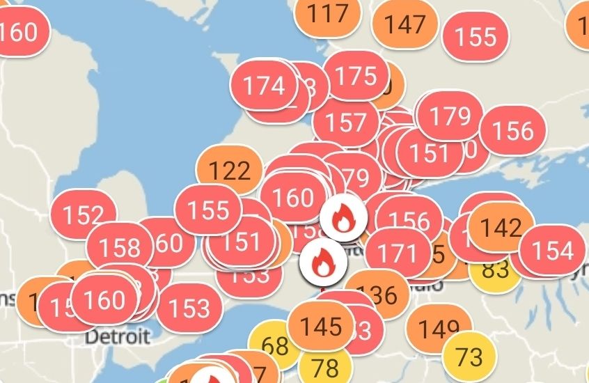 A map showing poor air conditions (red is bad).
