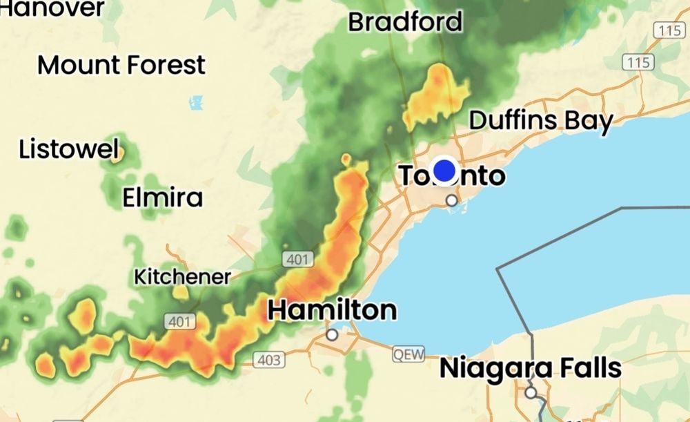 Weather radar showing a line of storms  west of Toronto.