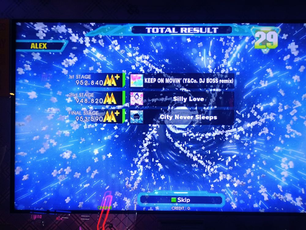 ddr a20+ end of credit results showing:

AA+ on KEEP ON MOVIN' (Y&Co. DJ BOSS remix) (expert chart)
AA on Silly Love (expert chart)
AA+ on City Never Sleeps (expert chart)