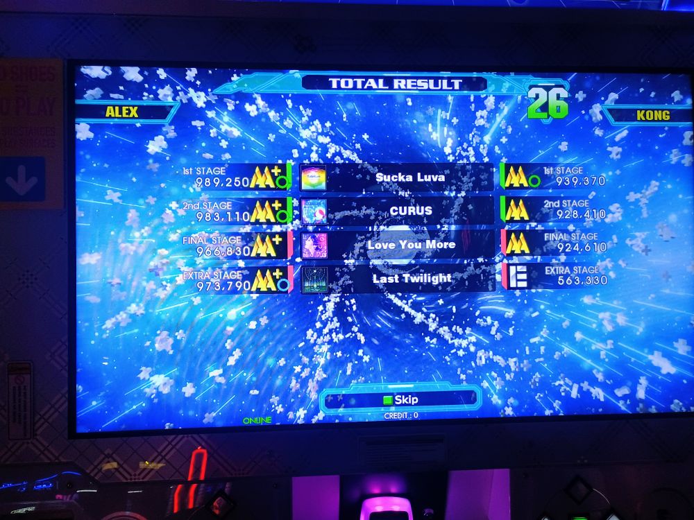 ddr a20+ end of credit results showing:

AA+ (great full combo) on Sucks Luva (expert chart)
AA+ (great full combo) on CURUS (expert chart)
AA+ on Love You More (difficult chart)
AA+ (good full combo) on Last Twilight (difficult chart)