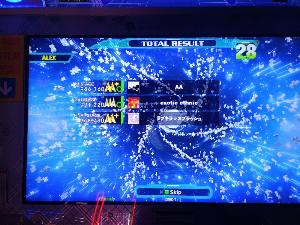 ddr a20+ end of credit results showing:

AA+ (great full combo) on AA (expert chart)
AAA (great full combo) on exotic ethnic (expert chart)
AA+ on Love kira splash (expert chart)