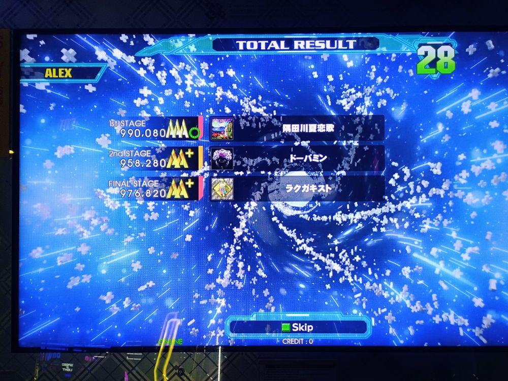 ddr a20+ end of credit results showing:

AAA (great full combo) on Sumidagawa karenka (difficult chart)
AA+ on Dopamine (basic chart)
AA+ on Luckgakist (difficult chart)