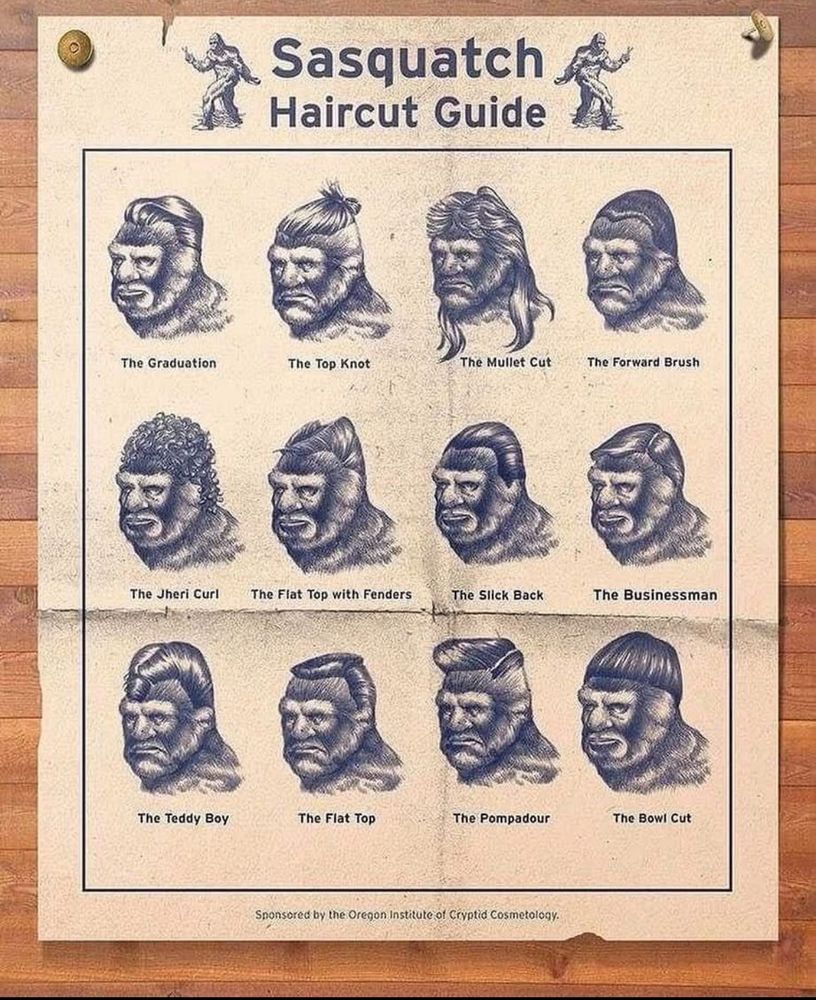 Different types of hairstyles on a Sasquatch 