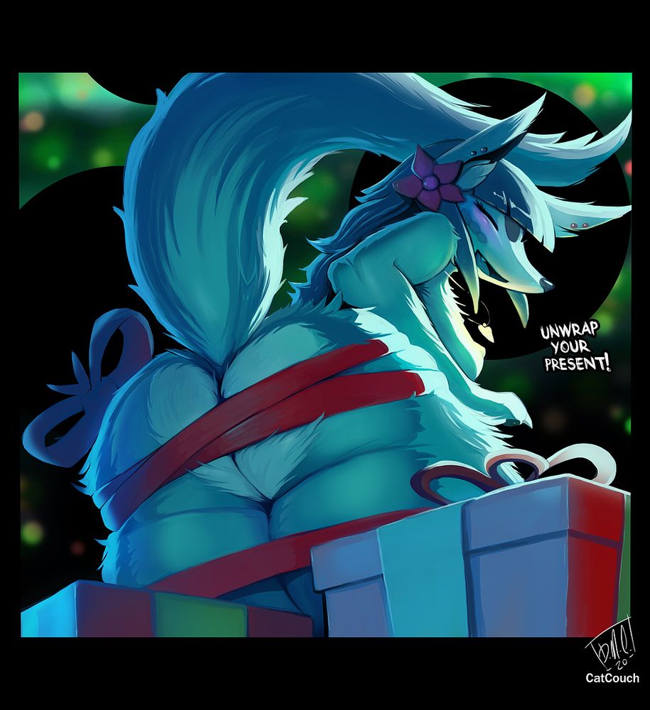 Annie Hole celebrating Christmas in 2020. Her butt is your present. She's a green fox girl with red ribbon wrapped around her butt cheeks standing behind presents.