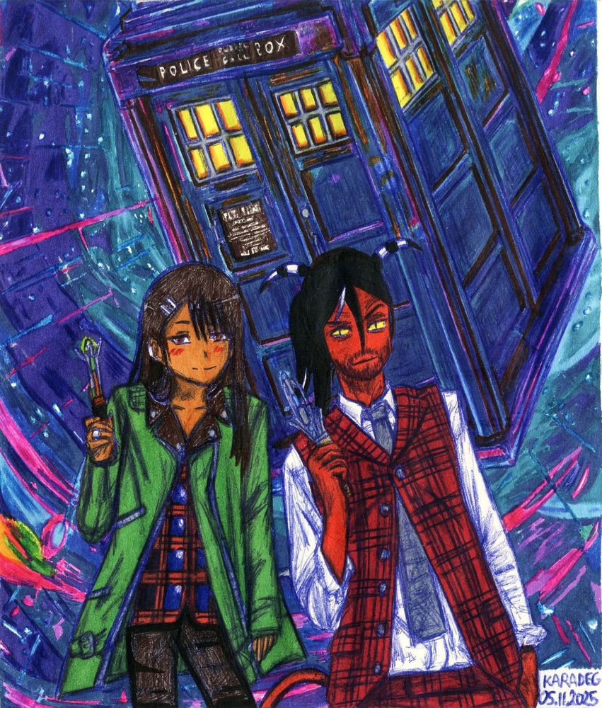 Kara and Nagatoro with a Sonic Screwdriver (14th for Kara, 11th/12th for Nagatoro) with the TARDIS in background, without logo