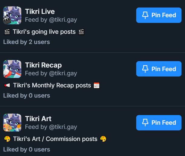 Screenshot showing Tikri's "Tikri Live" "Tikri Recap" & "Tikri Art" feeds