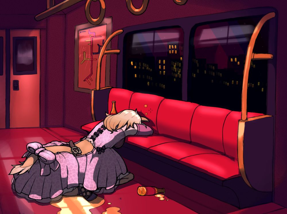 Drawing of Elise, a deer centaur from Coquette Dragoon. She is drunkenly sleeping in an empty subway car, a puddle of urine leaking out from under her.
