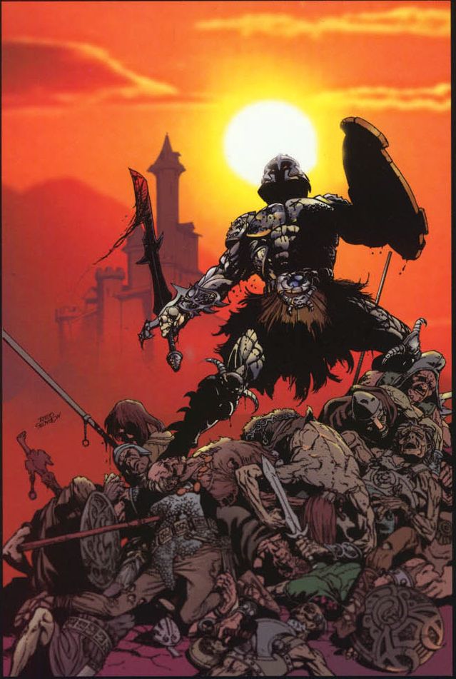 Dakkon again. Art by...I can't tell, and can't seem to find the artist anywhere. This time, he's just killed a bunch of warriors and is standing atop a pile of bodies, blood and ichor slinging from the aforementioned blade, the setting sun in the background.