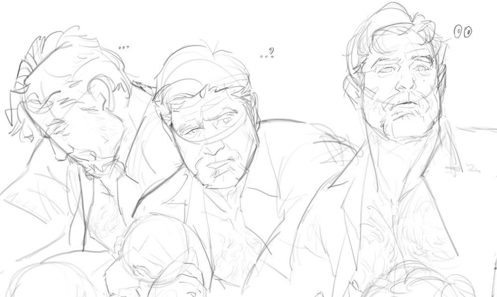 Three sketches depicting something (or someone) catching Pa Coal's eye 