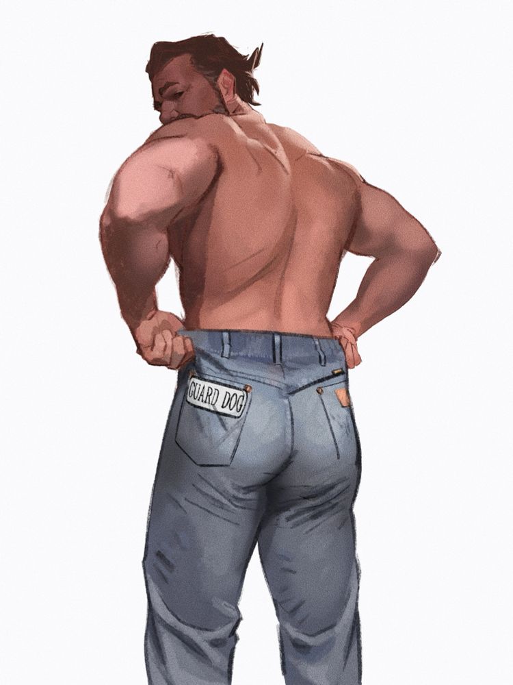 Semi-full body painting of Vander turned around shirtless and pulling a pair of Wranglers up tightly around his juicy juicy butt. He looks over his shoulder straight at you wondering what you’re looking at, which is probably the patch on his right back pocket that says “GUARD DOG” in all caps