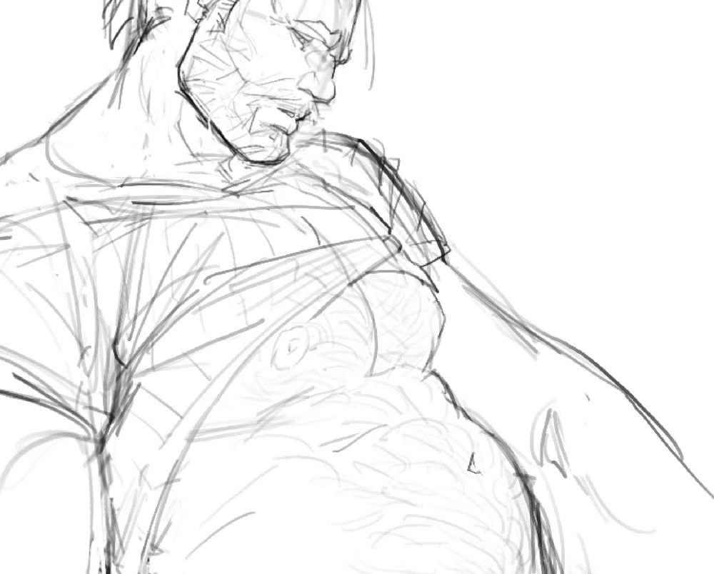 Close up of a wip sketch of Vander with his shirt rolled up above his chest