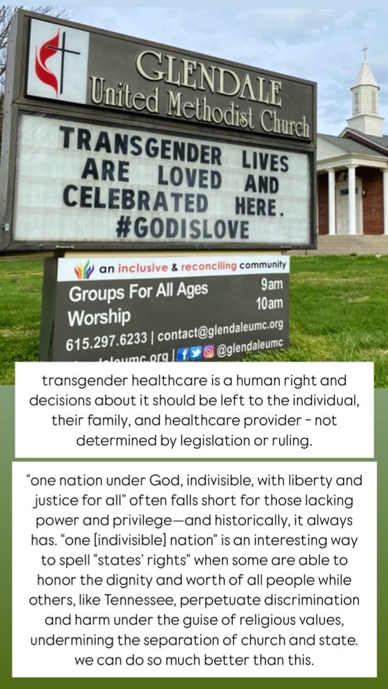 Outdoor marquee sign at Glendale United Methodist church in nashville Tennessee that says transgender lives are loved and celebrated here. 