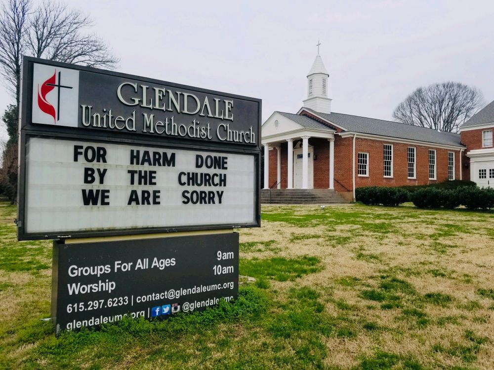 Outdoor church sign at Glendale United Methodist Church in Nashville Tennessee that says: For the harm done by the church, we are sorry. 
