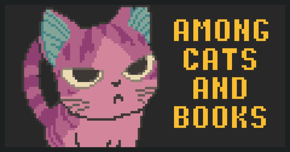 Web banner of the AMONG CATS AND BOOKS blog depicting an angry looking pixel cat next to the blog's title.