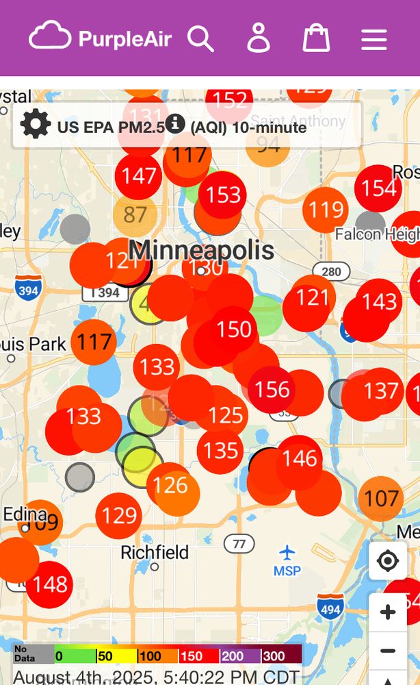 Screenshot of Air Quality in Minneapolis/ St Paul area from PurpleAir app, area is all red dots indicating  AQI over 100. My neighborhood 146. 