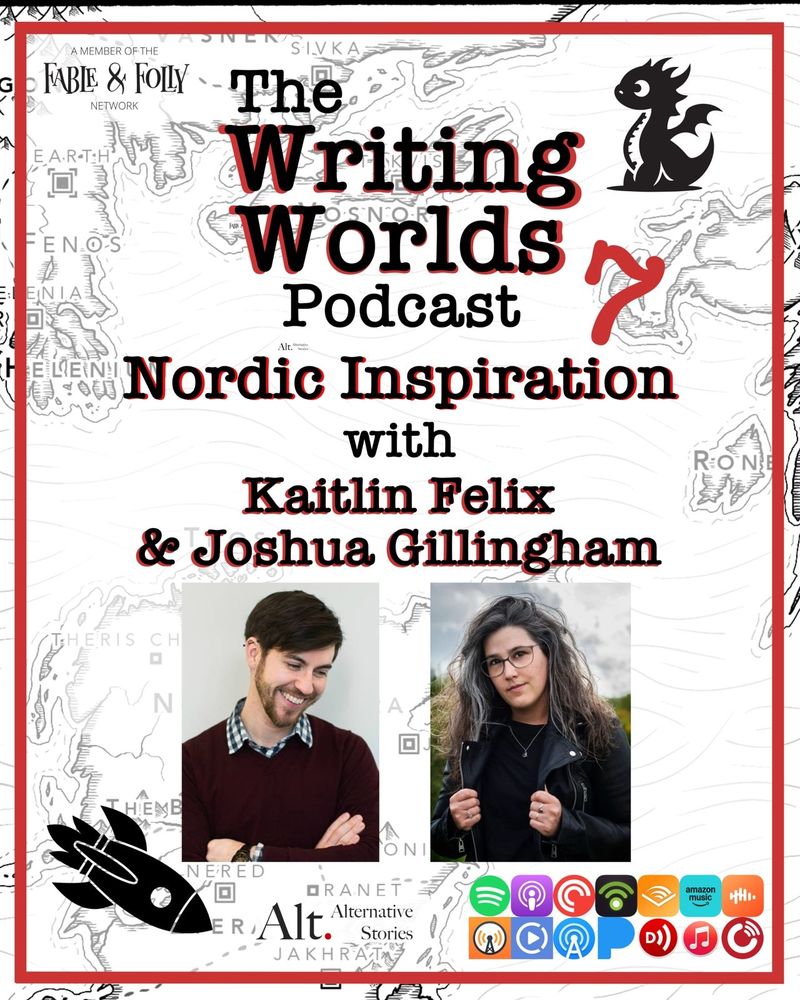 Portraits of authors Joshua Gillingham and Kaitlin Felix against the Writing Worlds Podcast logo.  The text reads Nordic Inspiration with Kaitlin Felix and Joshua Gillingham. 