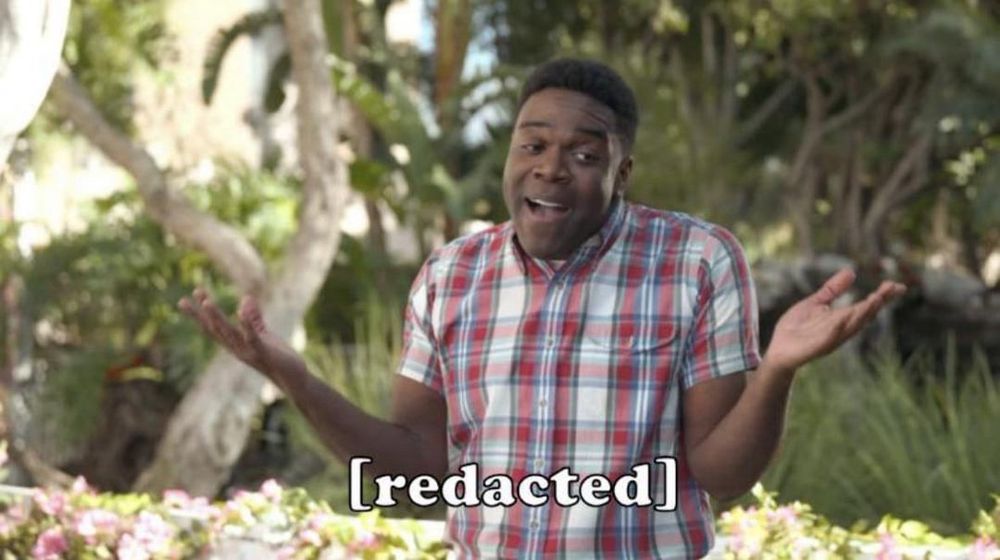Still fro I Think You Should Leave of Sam Richardson at Proposal Park but the quote from the scene is replaced by “[Redacted]”