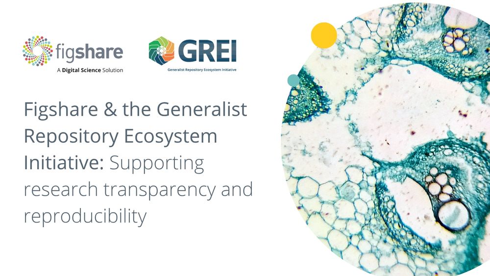 Promotional graphic for Figshare blog. Has the Figshare logo and the GREI logo, alongside an image of cells under a microscope with blog title: Figshare & the Generalist Repository Ecosystem Initiative: Supporting research transparency and reproducibility. 