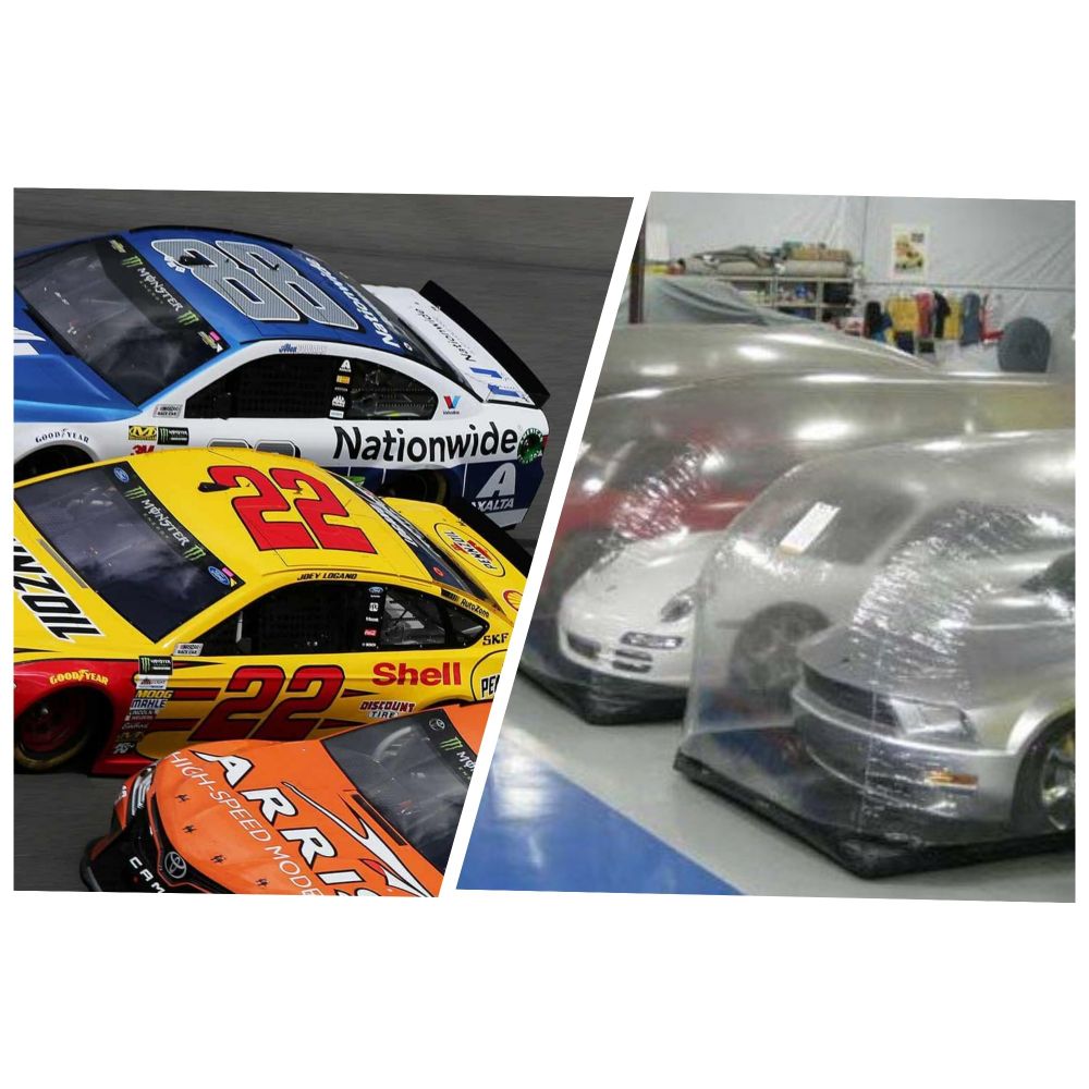 Links Nascar Sportautos / Rechts Auto in Trockengaragen