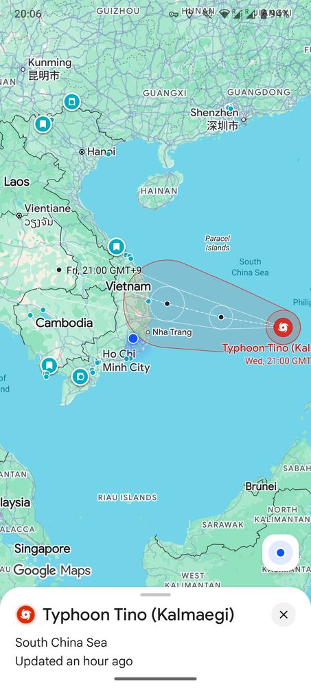 Screenshot from google maps showing South East Asia, with a large scary warning and path forecast of the typhoon Tino/Kalmaegi, which will reach Vietnam tomorrow end of day and wreak havoc there. Quy Nhon is right in the middle of the path of the tycoon.