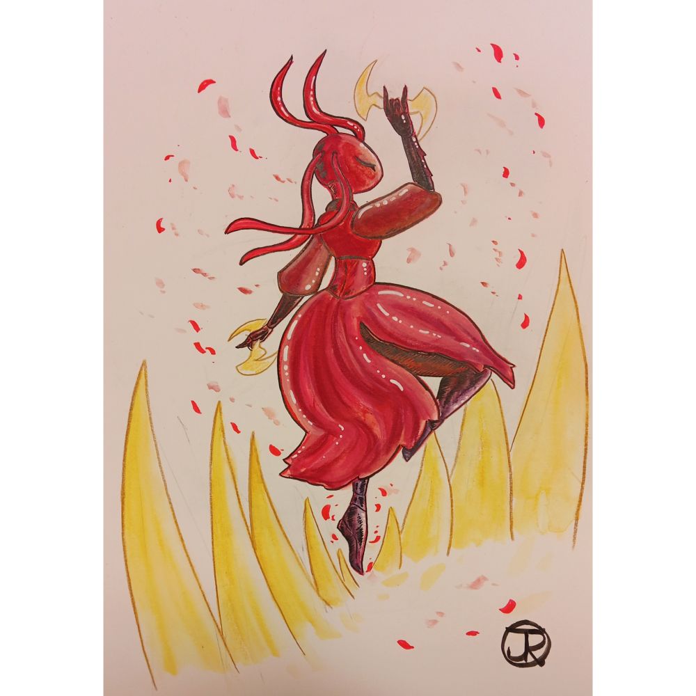 A painted sketch of Skarrsinger Karmelita from the long awaited game Hollow Knight Silksong. 
Made with watercolor pencils, alcoholic markers and pens. 