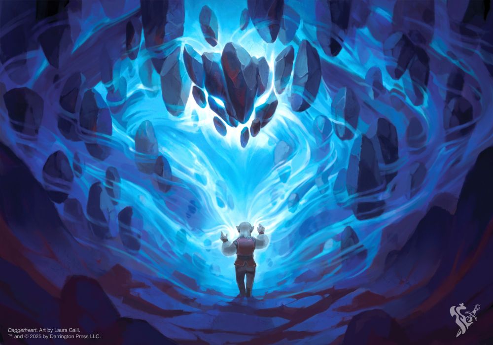 Digitally painted card illustration for Darrington Press. A gnome is weaving waves of magic to form a huge stone colossus.
