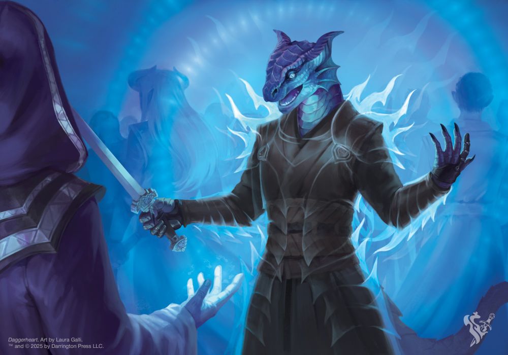 Card illustration for the game Daggerheart. A wizard is casting a magical armor on a Drakona character. The drakona is holding a sword, and wears prosthetics on both hands.