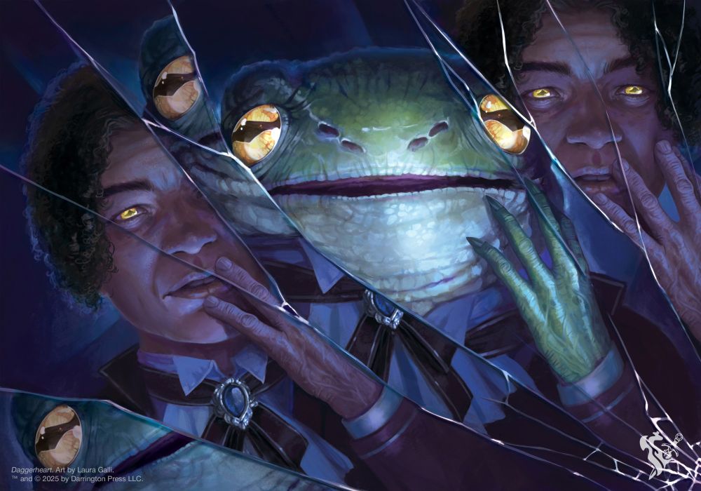 Digitally painted card illustration for Darrington Press. A mirror is shattering, and its fragments show reflections of a person and a frog, transforming from one appearance to the other.