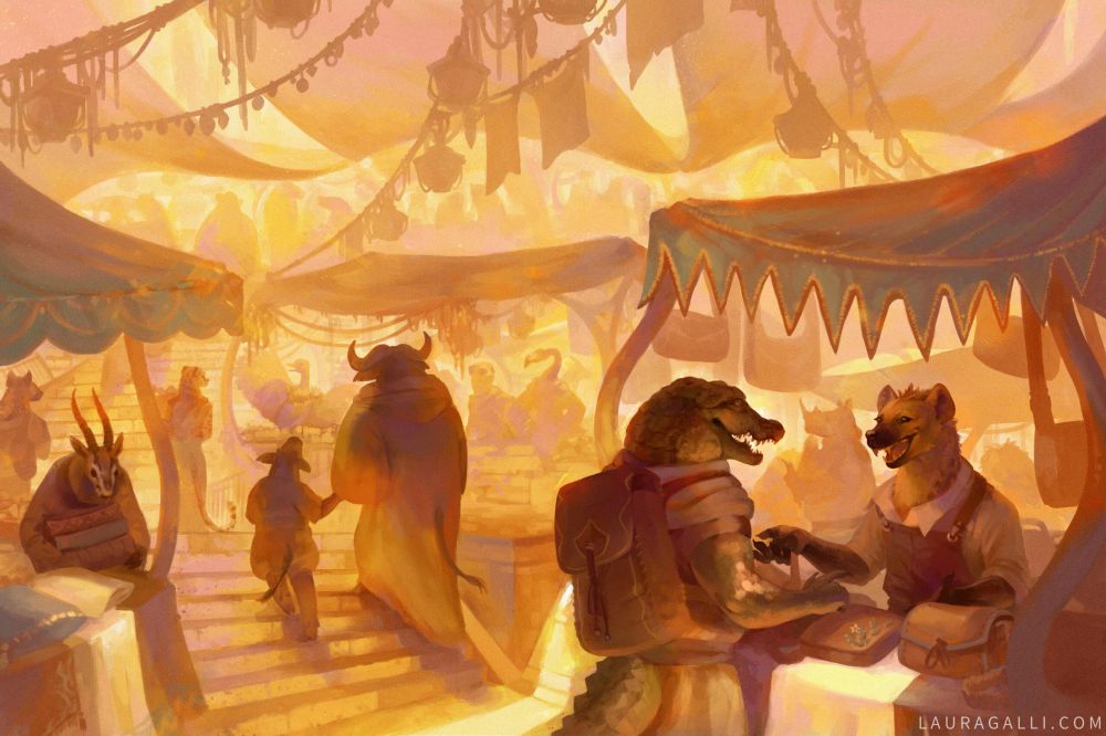 Digitally painted illustration with a fantasy bazaar, full with anthropomorphic animals from the Savannah.