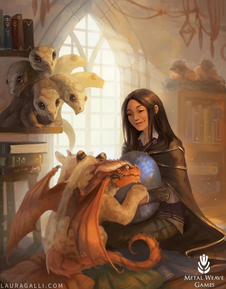 Digitally painted illustration for Metal Weave Games. A woman warlock is tending to several small fantasy creatures.