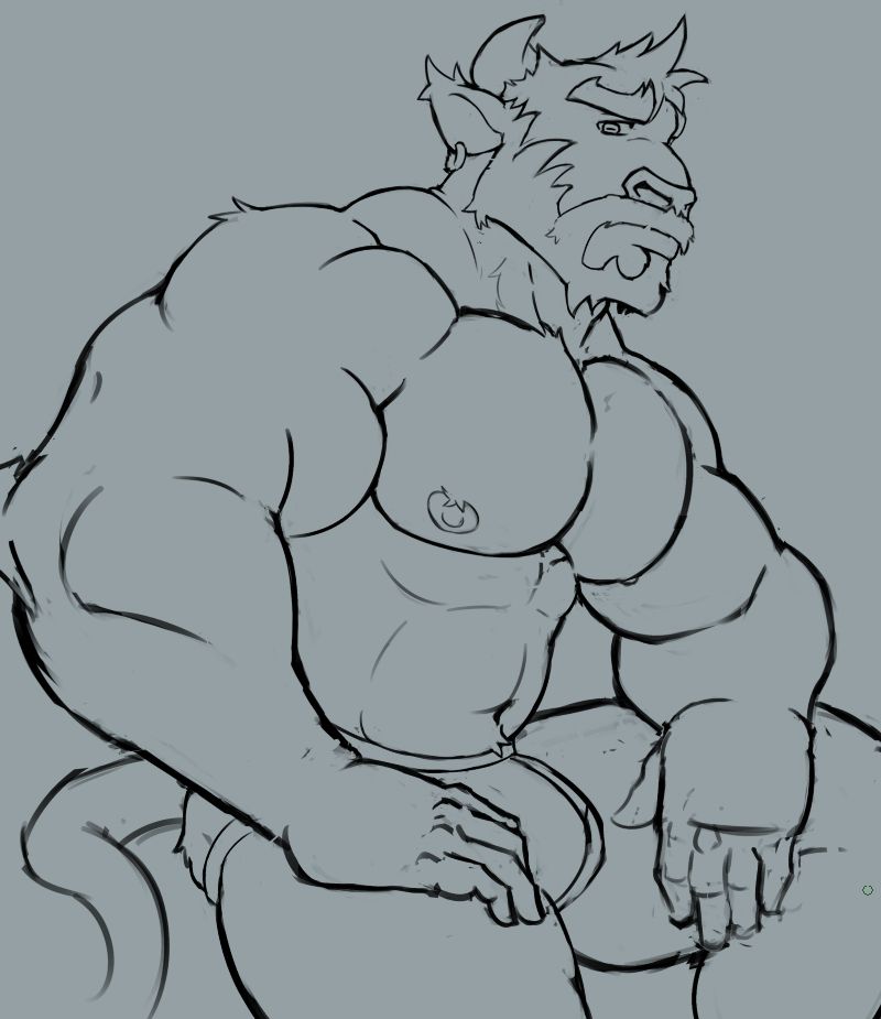 Sketch of an anthropomorphic bull looking pensively as the onlooker. He's wearing a jockstrap.
