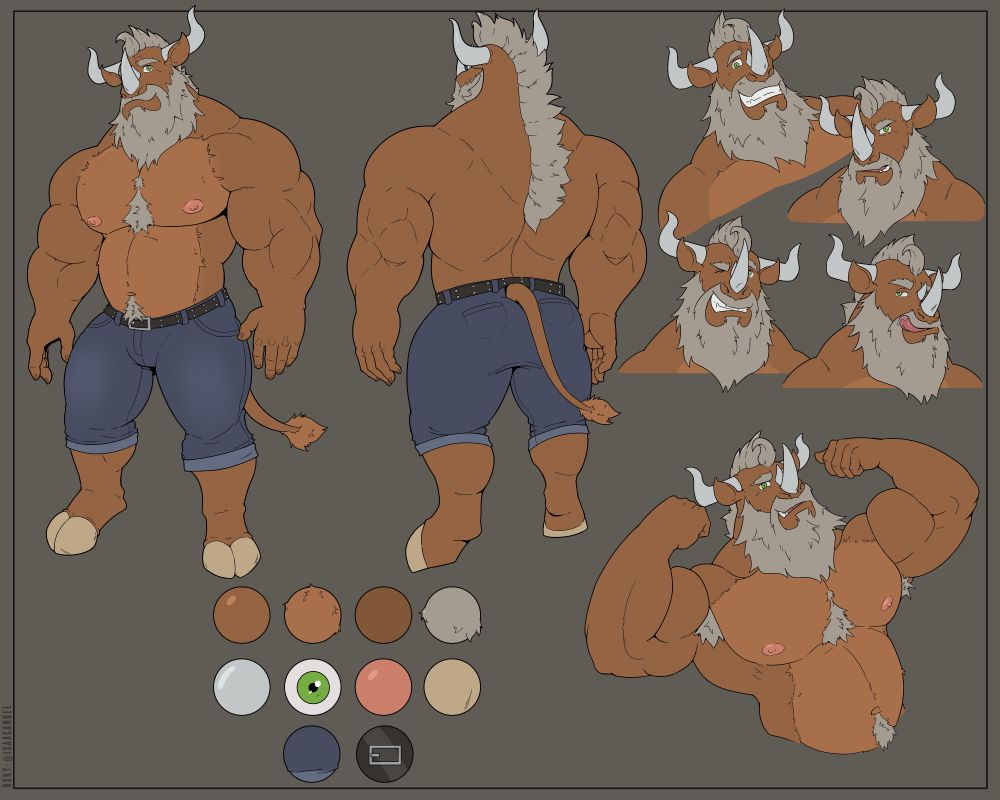Reference sheet of an anthropomorphic rhino bull hybrid