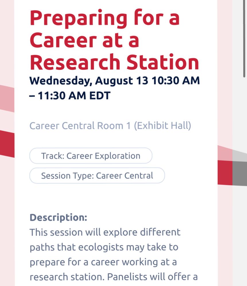 Wednesday, August 13, 2025, 10:30 AM – 11:30 AM EDT
Preparing for a Career at a Research Station
Career Central Room 1 (Exhibit Hall)