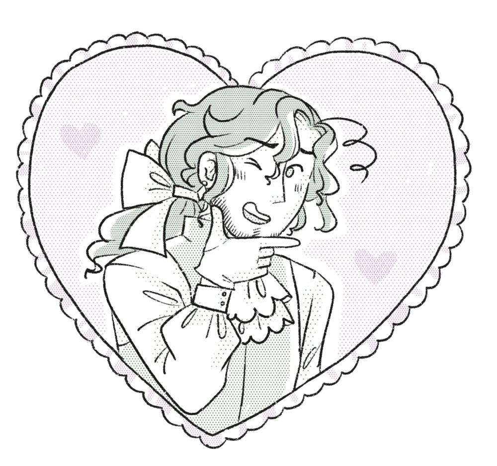 Drawing of a man with long wavy hair in a ponytail. He's wearing fancy clothes and posing in a cheeky, flirtatious way. He's framed in a big heart with a ruffled edge.