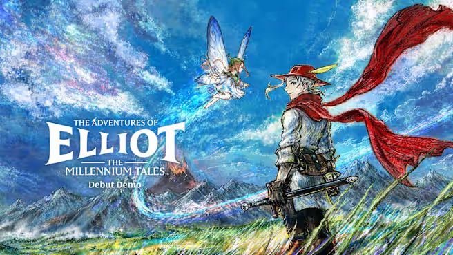 Key art for The Adventures of Elliot: The Millennium Tales Debut Demo. Elliot, an adventure, and his fairy companion are standing in a field of grass. There are mountains in the distance. Elliot is holding a sword at his side and wearing a red cap. Elliot's red scarf is blowing in the wind.